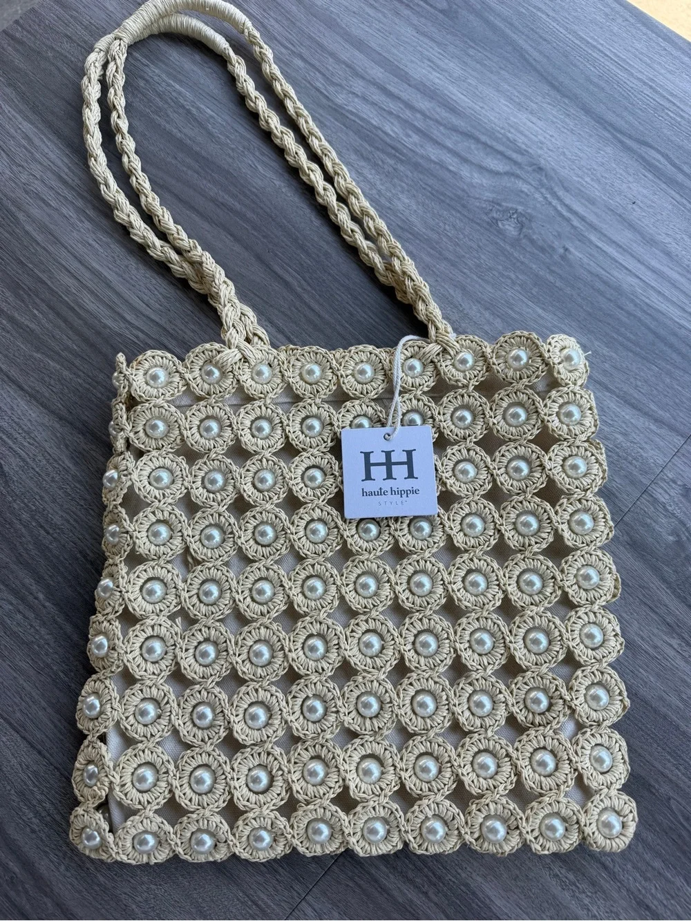 Haute Hippie Style Crochet Pearl Tote Bag Cream Woven Macrame Raffia Purse
